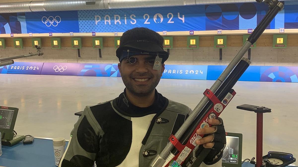 X | NRAI : Arjun Babuta at the Paris Olympics 10m air rifle shooting event. 
